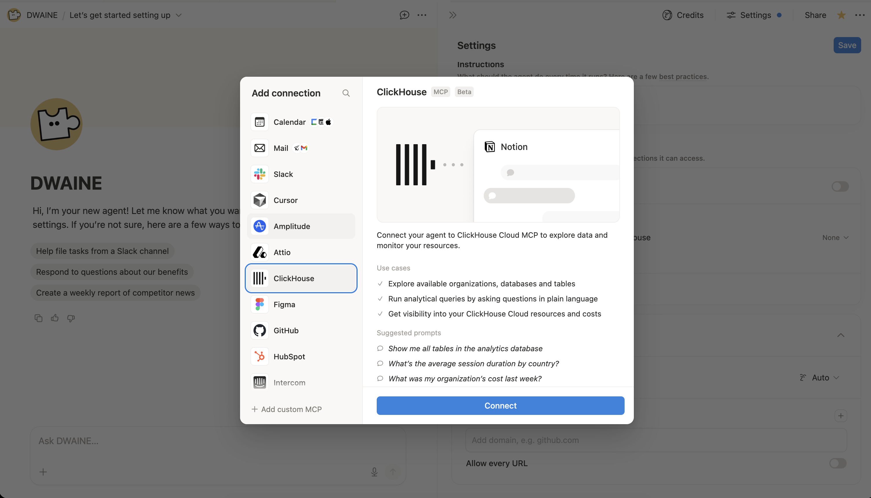 Selecting ClickHouse in the Notion Add connection picker