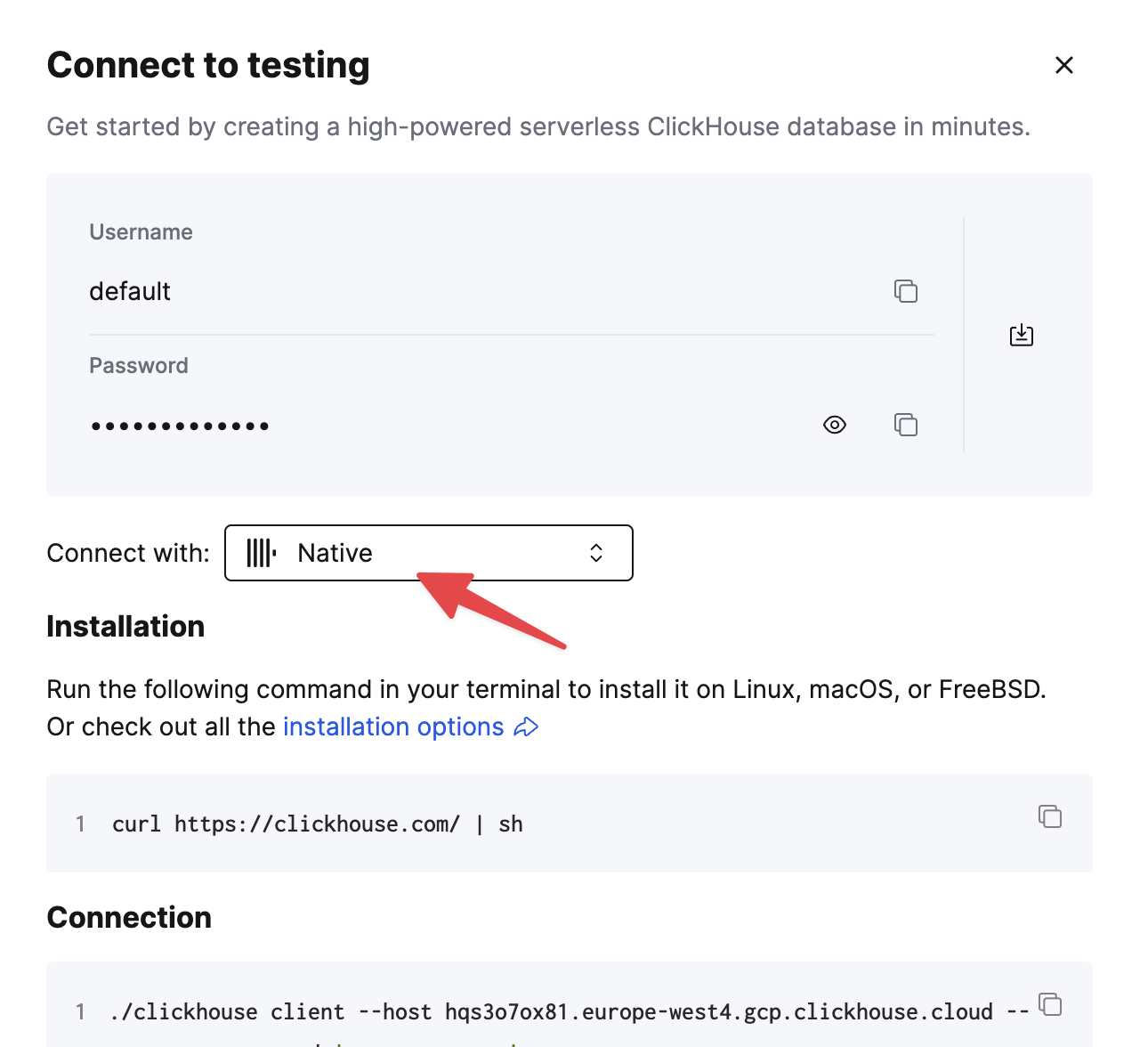 ClickHouse Cloud Native TCP 연결 세부 정보