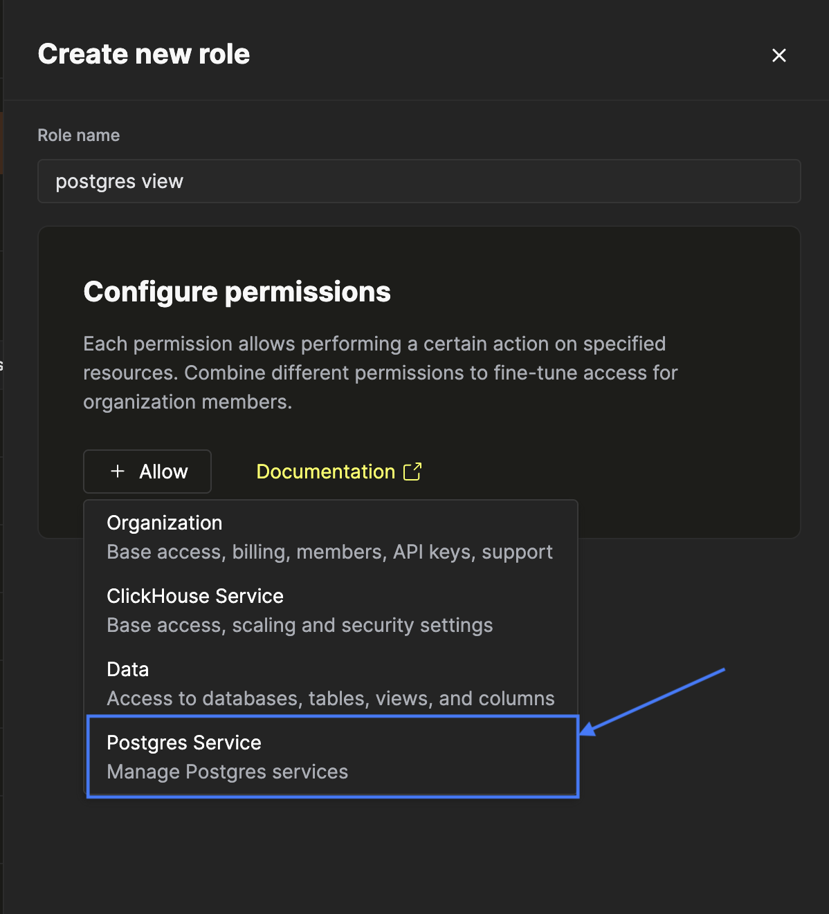 Selecting the Postgres Service entity